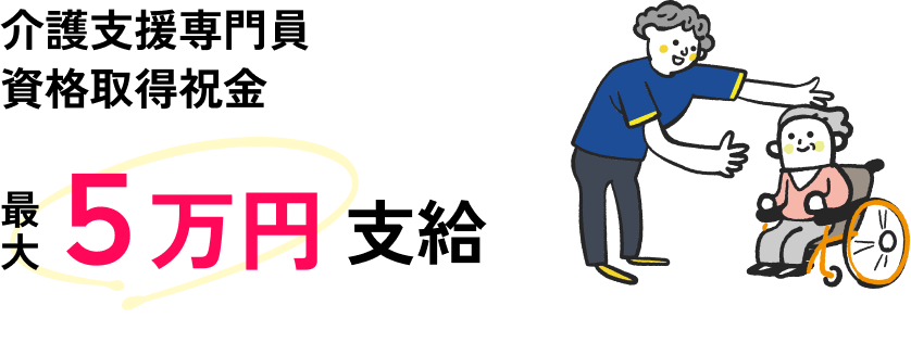 介護支援専門員資格取得時に、祝い金が最大5万円支給されることの説明図